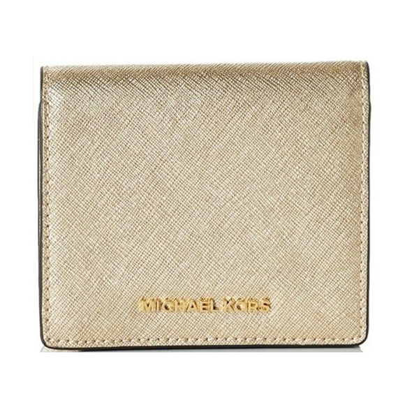 Michael Kors Wallet Flap Card Holder Saffiano Leather Pale Gold New - Picture 1 of 10
